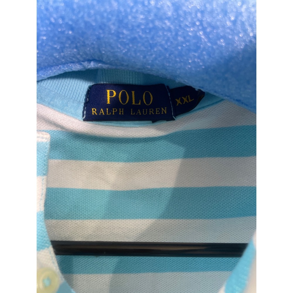Polo Ralph Lauren Men XXL Blue White Striped Short Sleeve Polo Shirt Orange Pony - Picture 3 of 3